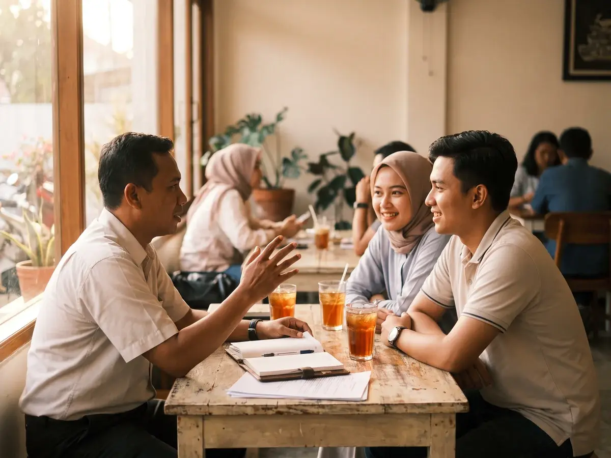 Agen asuransi berbincang santai dengan sepasang calon nasabah di meja kafe