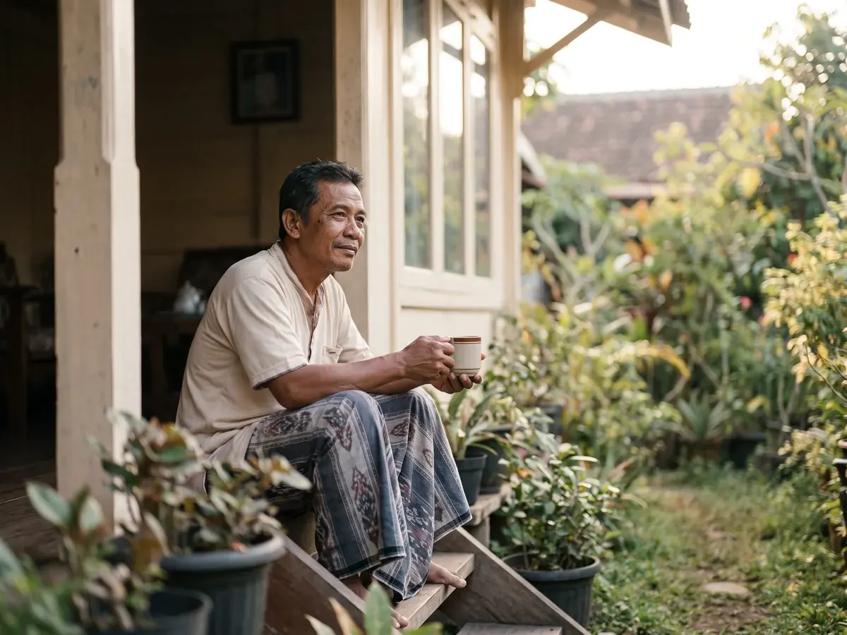 Seseorang duduk tenang di beranda rumah memandang taman, tangan memegang cangkir, suasana pemulihan