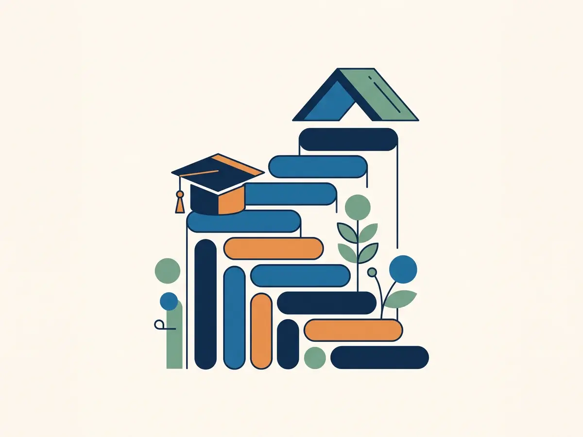 Grafik batang bertumbuh berbentuk tangga menuju wisuda dan rumah, ilustrasi editorial hangat