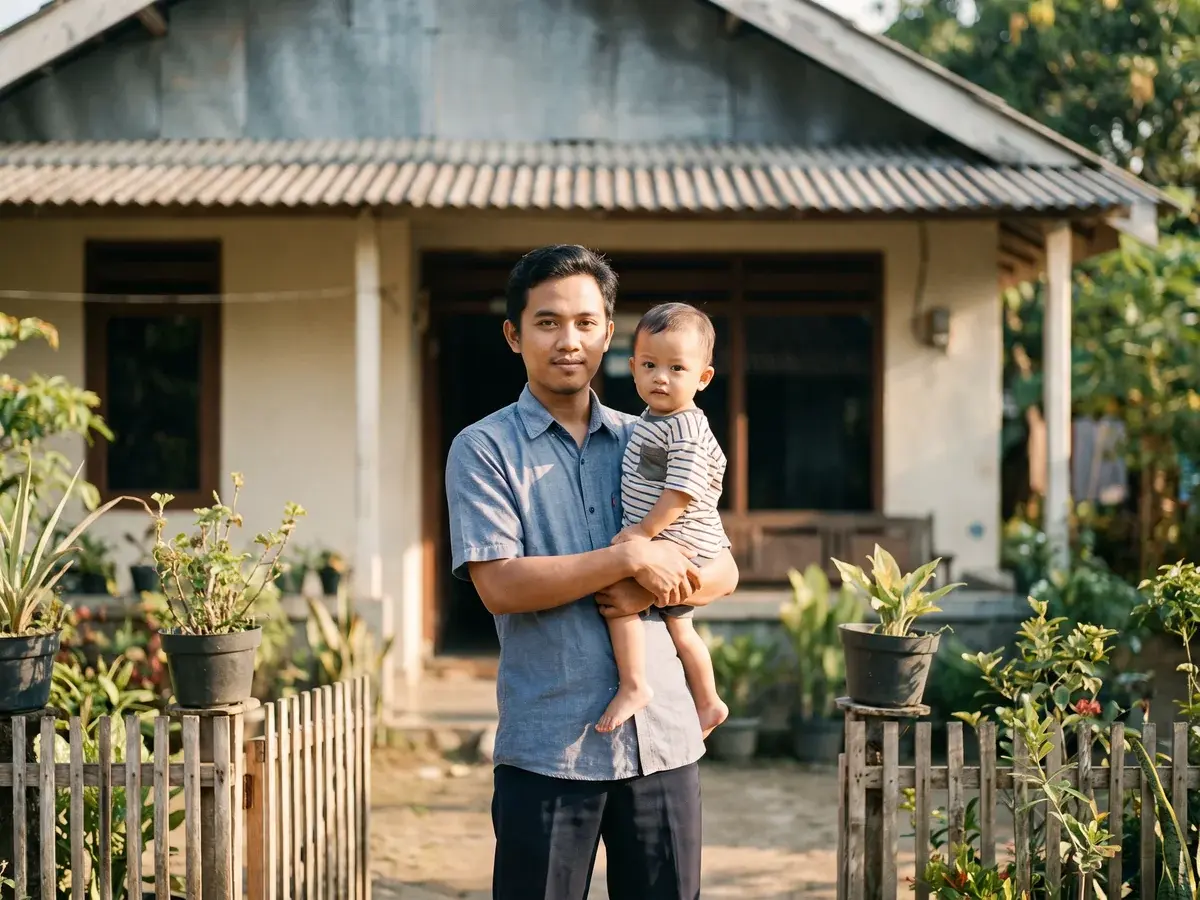 Ayah muda menggendong anak balita di depan rumah sederhana yang rapi, senyum yakin, langit cerah