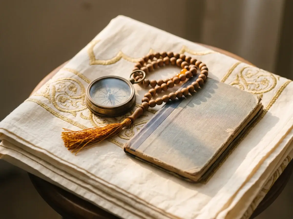 Kompas, tasbih, dan buku tabungan di atas sajadah terlipat, cahaya pagi lembut, komposisi tenang