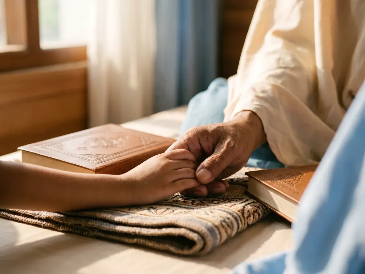Tangan dewasa dan tangan anak menggenggam bersama di atas Al-Qur'an dan buku tabungan, cahaya lembut