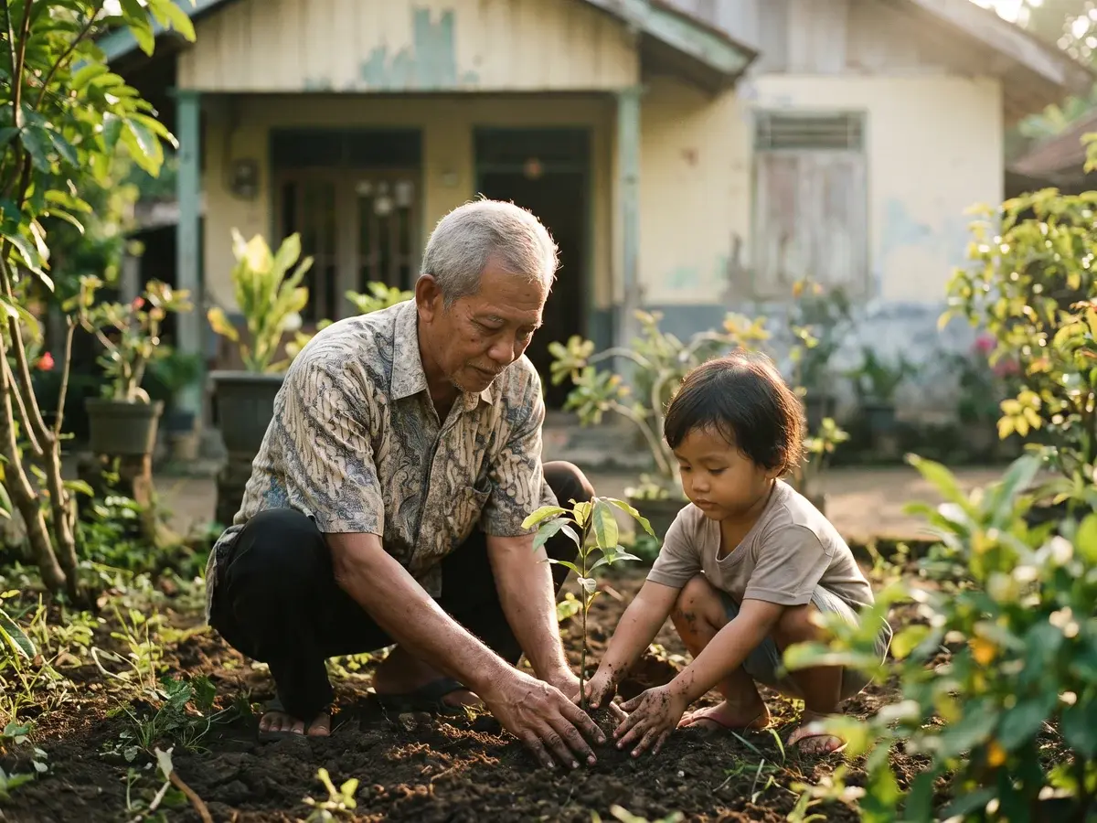Kakek dan cucu menanam pohon kecil bersama di halaman rumah, cahaya keemasan sore hari