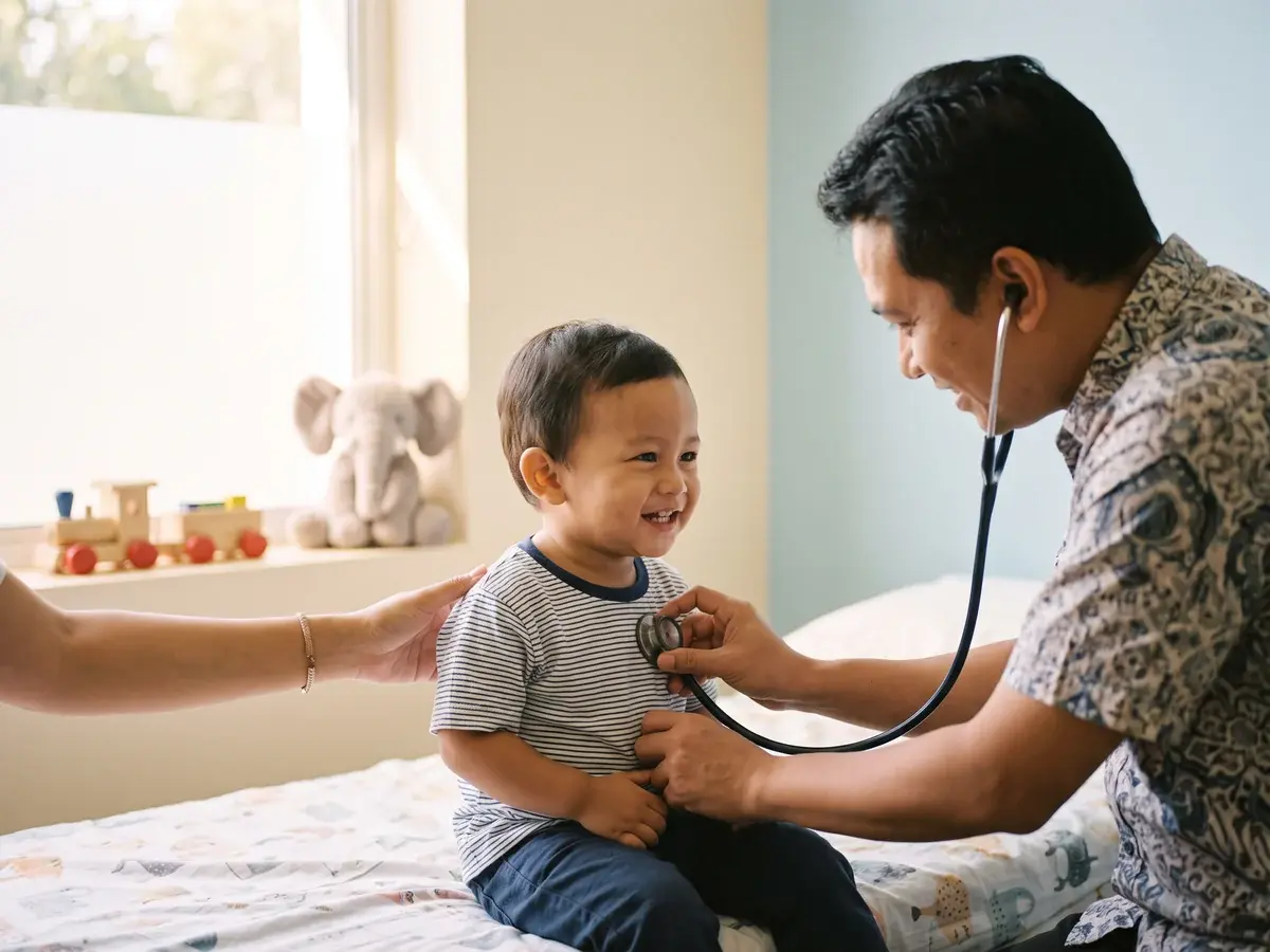 Anak kecil tersenyum saat diperiksa dokter anak di klinik cerah dengan dinding pastel