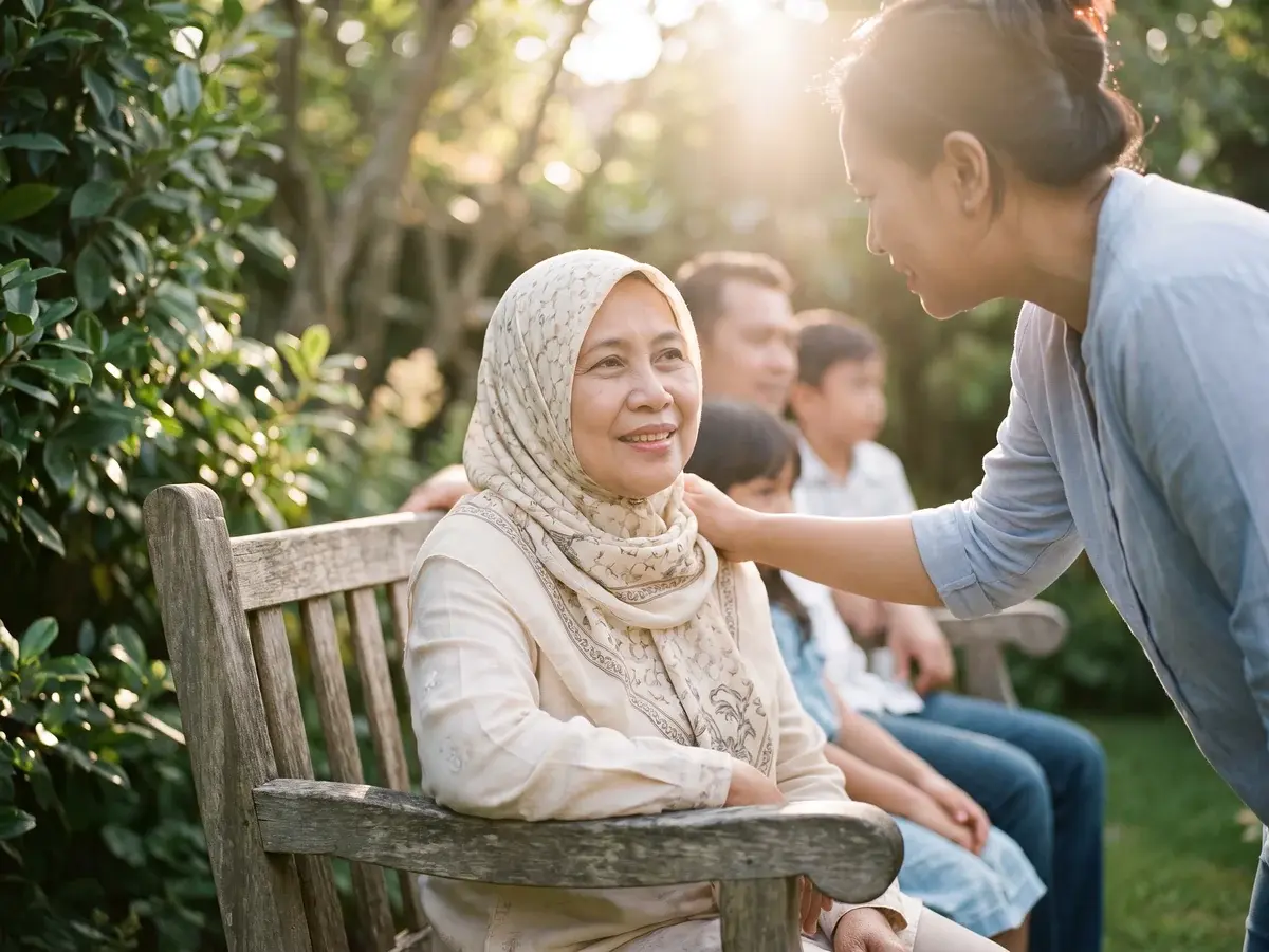 Perempuan penyintas kanker tersenyum tenang di taman dengan cahaya pagi, dikelilingi keluarga yang mendukung