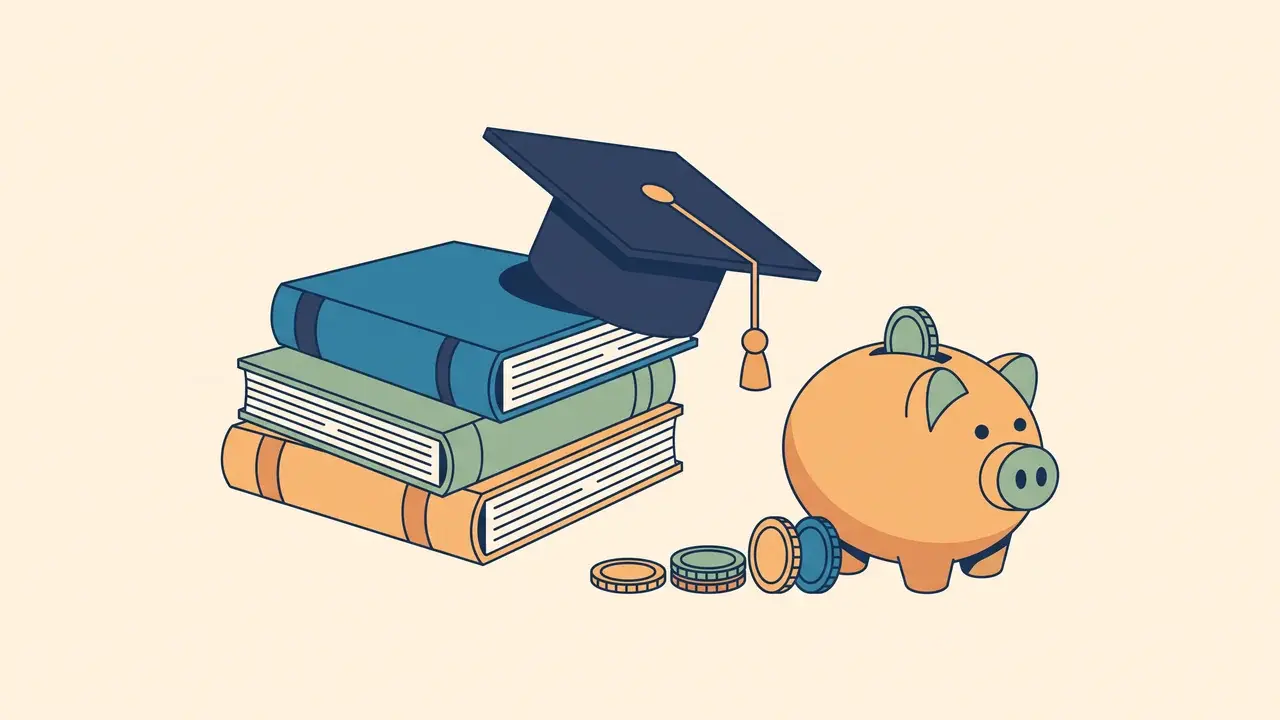 Topi wisuda kecil di atas tumpukan buku dan celengan, cahaya hangat, gaya ilustrasi lembut