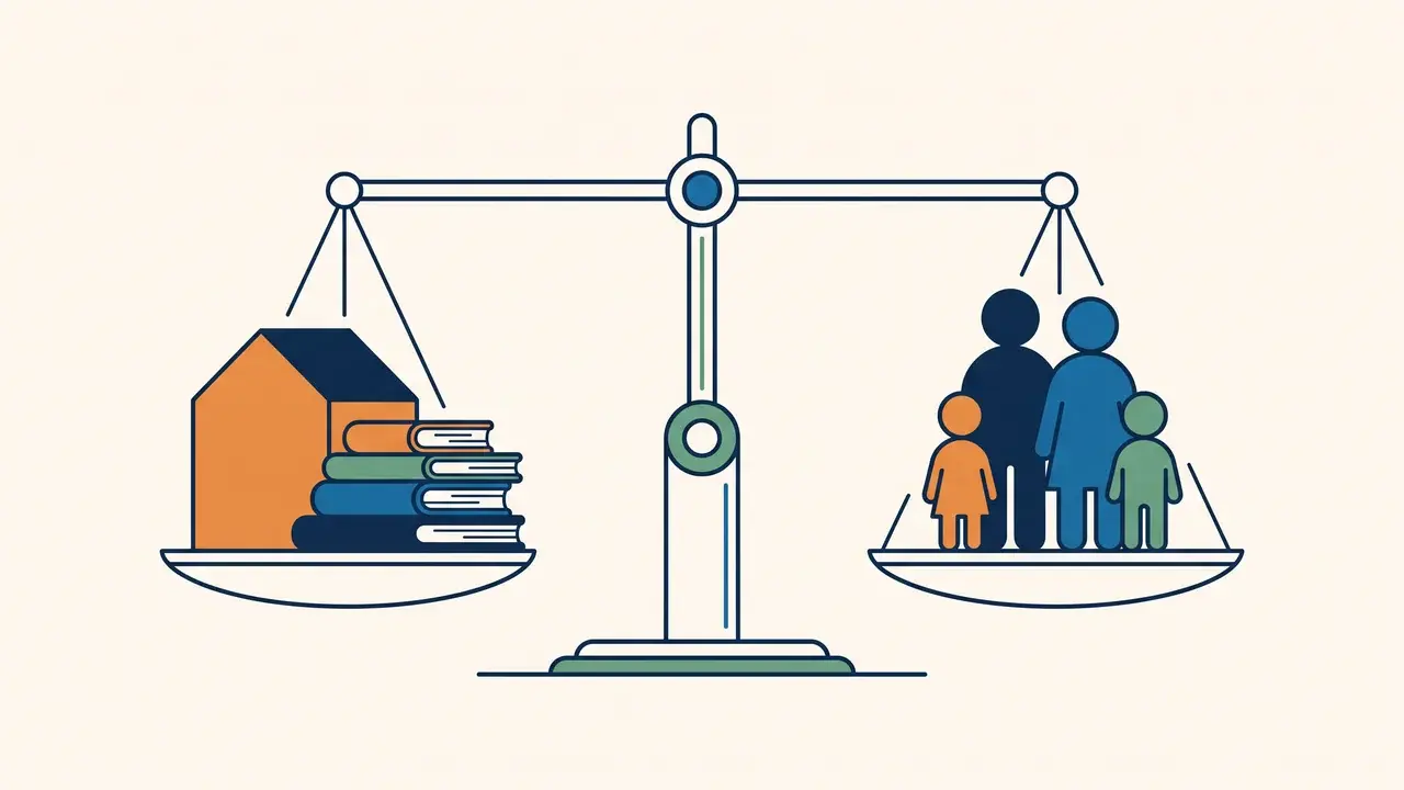 Timbangan sederhana dengan rumah dan buku di satu sisi, keluarga di sisi lain, gaya garis tipis