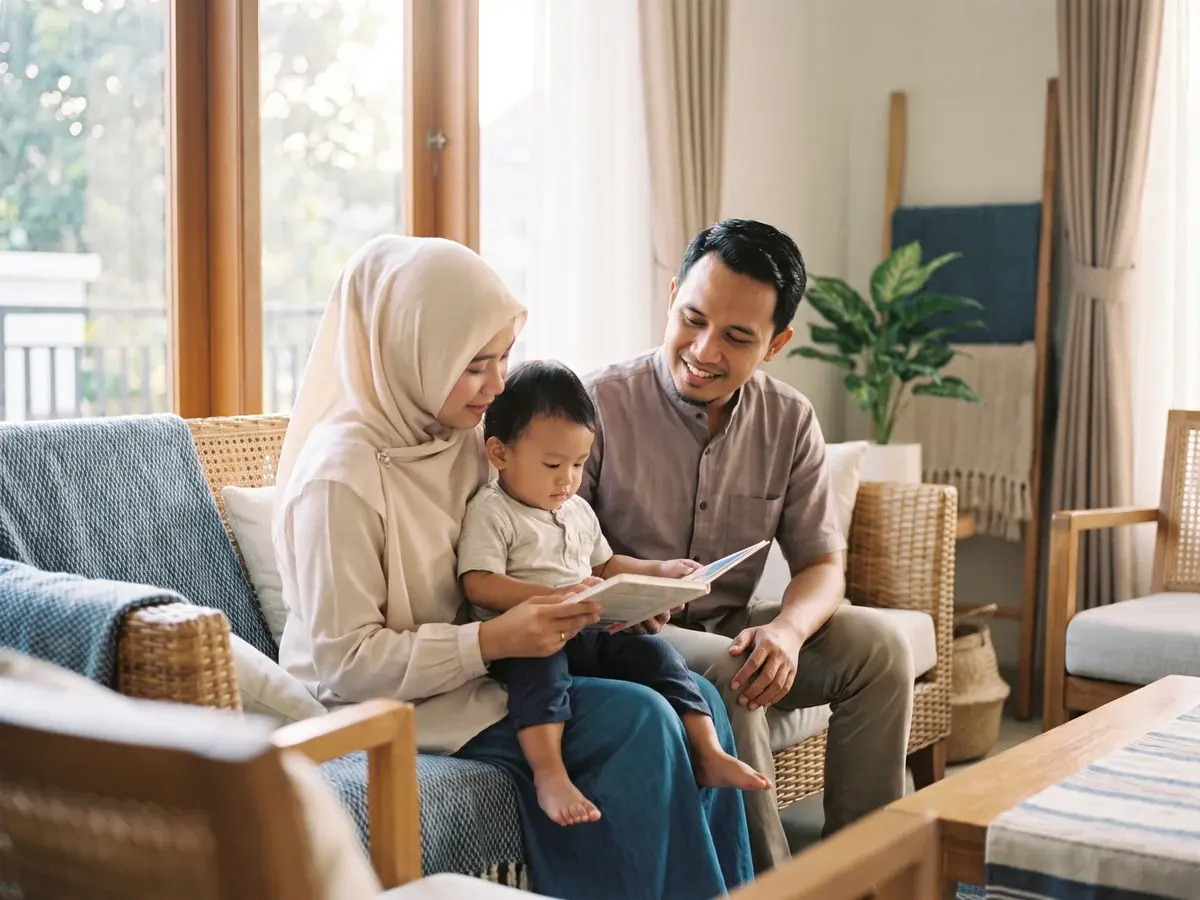 Keluarga muslim tersenyum di ruang tamu rumah yang hangat, ibu berhijab menggendong balita
