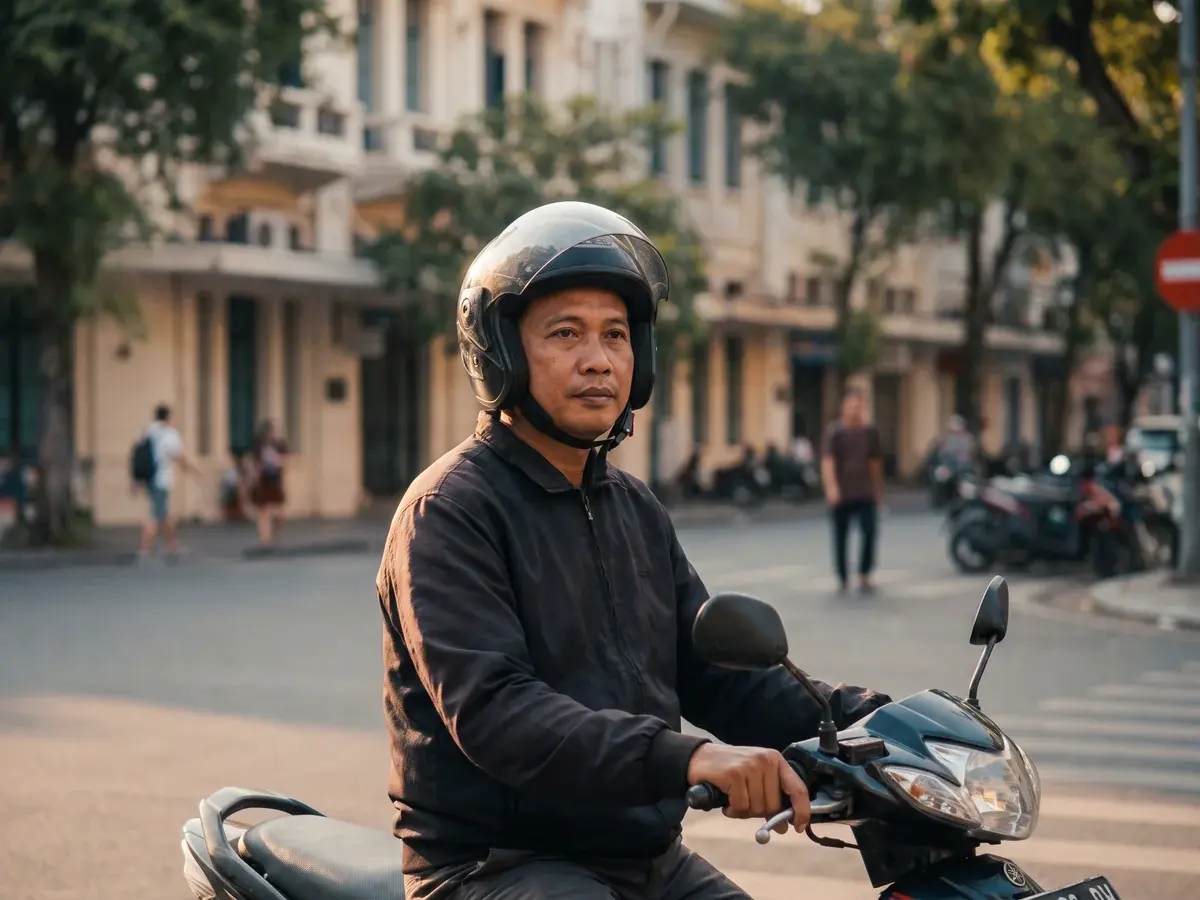 Pengendara motor mengenakan helm di jalan kota pagi hari, komposisi aman dan terang