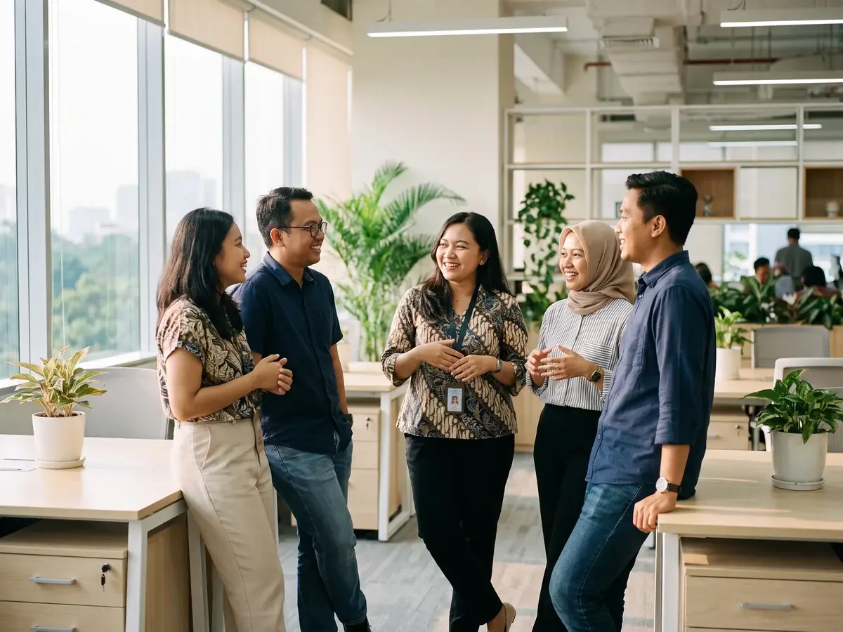 Tim kantor kecil yang beragam berdiri bersama di ruang kerja modern dengan tanaman dan cahaya alami