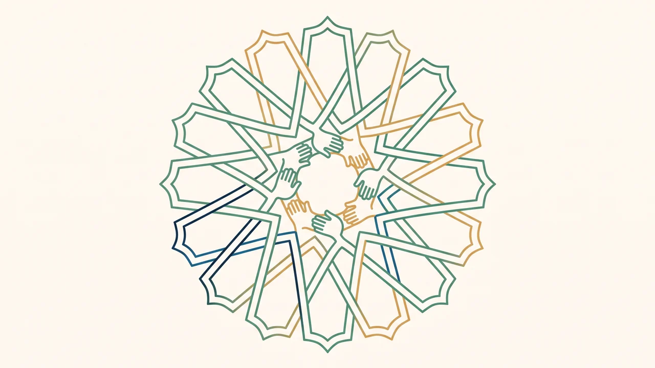 Pola geometris islami yang membentuk lingkaran tangan bergandengan, palet sage dan emas lembut